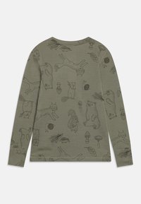 Long-sleeve shirt in olive green with black animal and nature-themed illustrations, featuring foxes, bears, squirrels, and mushrooms.