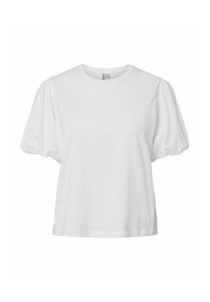 Blouse blanche à manches courtes bouffantes, encolure ronde et coupe décontractée sur fond uni.