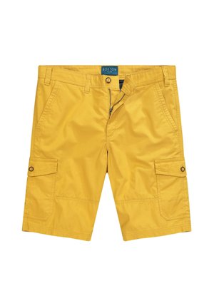 Gelbe Cargo-Shorts aus leichtem Stoff, mit zwei Seitentaschen und einer mit Knopfverschluss versehenen Klapptasche am Oberschenkel. Flaches Taillendesign.