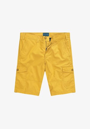 Gelbe Cargo-Shorts aus leichtem Stoff, mit zwei Seitentaschen und einer mit Knopfverschluss versehenen Klapptasche am Oberschenkel. Flaches Taillendesign.