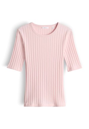 Top a maniche corte in maglia rosa chiaro a costine, con scollo rotondo, silhouette aderente e righe verticali testurizzate.