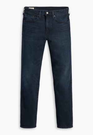 Jeans en denim bleu foncé avec cinq poches, fermeture par bouton, passants de ceinture et coupe droite, présenté sur fond blanc.