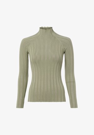 Ribbed, long-sleeve top in soft green with a high, ruffled neckline. Features a fitted silhouette and vertical stripes across the fabric.