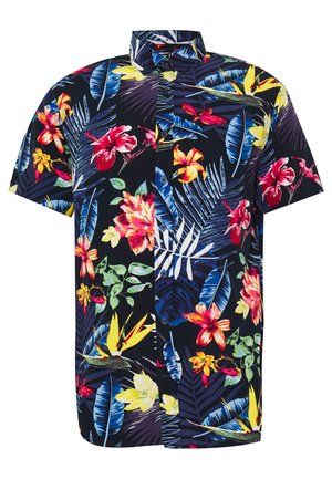 Camisa de manga corta con un fondo oscuro y vibrantes patrones florales y de follaje en rojo, amarillo y azul. Con cuello de botón.