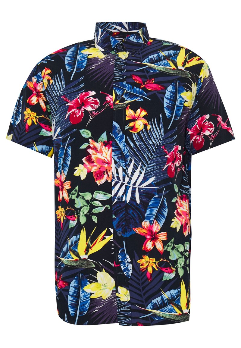 Camisa de manga corta con un fondo oscuro y vibrantes patrones florales y de follaje en rojo, amarillo y azul. Con cuello de botón.