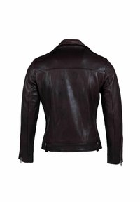 Tumedat burgundia nahast jakk struktureeritud disainiga, millel on sisselõikega krae, lukuga varrukaotsad ja tagumine yoke-detail.