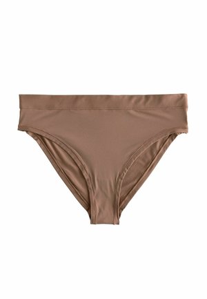 Braune Bikini-Hose, aus glattem, dehnbarem Material. Mit hoch geschnittenen Beinen und einem breiten, elastischen Bund. Keine auffälligen Muster oder Beschläge.