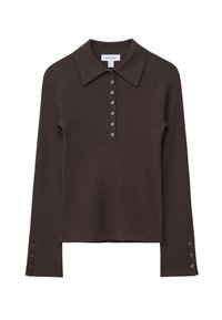 Brown ribbed long-sleeve polo shirt with a collar, six button placket, and button accents on sleeves. Soft texture with a fitted silhouette.