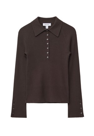 Braun geripptes langärmeliges Polohemd mit Kragen, sechs Knopfverschluss und Knopfdetails an den Ärmeln. Weiche Textur mit einer taillierten Silhouette.