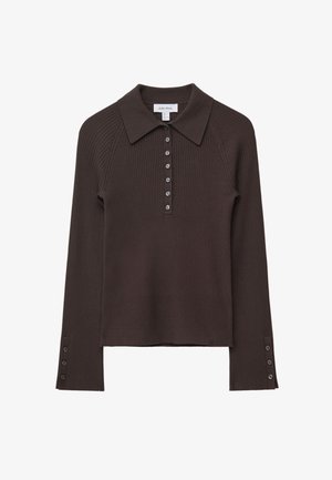 Braun geripptes langärmeliges Polohemd mit Kragen, sechs Knopfverschluss und Knopfdetails an den Ärmeln. Weiche Textur mit einer taillierten Silhouette.