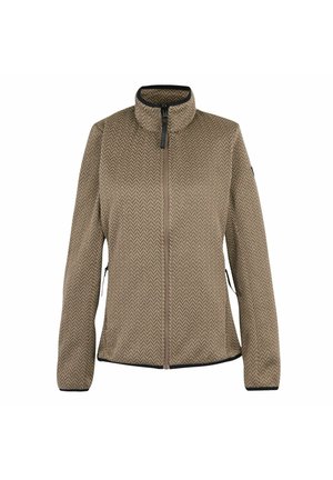 Brown and beige herringbone patterned zip-up jacket with stand collar and black trim on cuffs and hem.