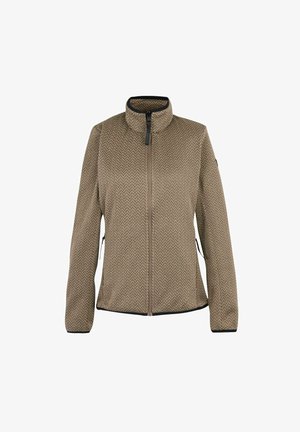 Brown and beige herringbone patterned zip-up jacket with stand collar and black trim on cuffs and hem.