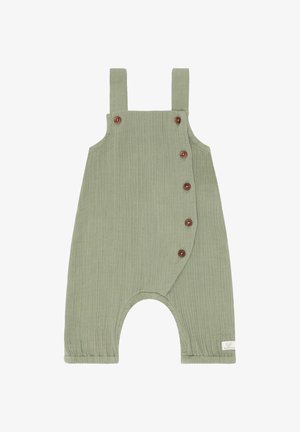 Hellgrüner, strukturierter Baby-Strampler mit Schultergurten und fünf braunen Knöpfen auf der rechten Vorderseite zum Verschließen.
