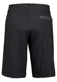 Schwarze Sportshorts aus leichtem Material mit einer Reißverschlusstasche und einem Logo am Bund für praktische Nutzung.