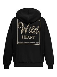 Must kapuutsiga dressipluus, millel on seljaosas ruudukujulise raami sees kamuflaažimustriga "Wild" tekst ning beeži värviga "HEART" ja "BE YOUR OWN AUTHENTIC SELF" trükk.