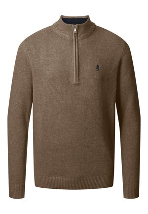 Suéter marrón con cremallera hecho de un material texturizado. Presenta un cuello y dobladillo acanalados, con un pequeño logotipo bordado en azul marino.