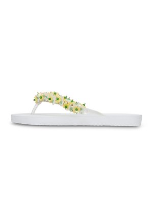 White flat flip-flop sandal with yellow and green beaded floral decorations on the straps, shown in side view.