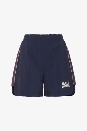 Shorts de sport bleu marine avec une taille élastique, des fentes sur les côtés, des accents violets et un logo blanc "BALL 74" à l'avant.