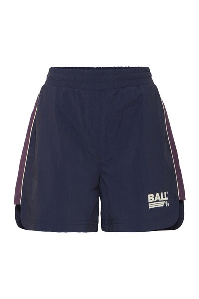 Mørkeblå sportsshorts med elastisk midje, sidespalter, lilla detaljer og en hvit logo "BALL 74" på forsiden.