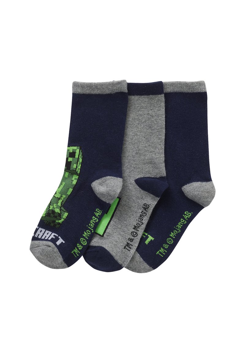 Three pairs of crew socks in navy blue and gray. One sock features a green pixelated design; soft, cotton-blend material.