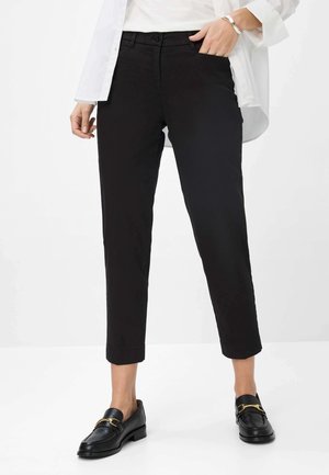 Black, tailored trousers with a slim fit and ankle-length cut. Features a front button closure, belt loops, and side pockets. Smooth fabric texture.