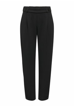 Zwarte, op maat gemaakte broek met hoge taille, met knoopdetails op de tailleband en zoom, met rechte pijpen.