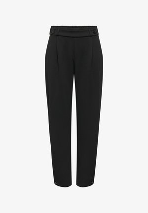 Zwarte, op maat gemaakte broek met hoge taille, met knoopdetails op de tailleband en zoom, met rechte pijpen.