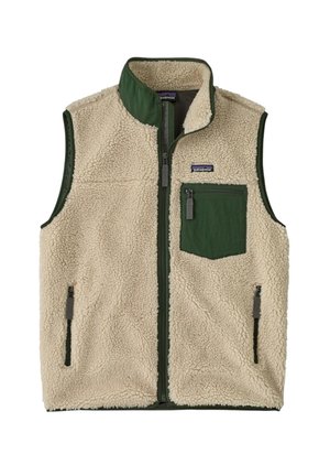 Chaleco polar beige con bolsillo en el pecho con cremallera en verde oscuro, dos bolsillos laterales y ribete y cuello en verde oscuro, cierre frontal con cremallera.