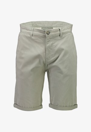 Hellbeige, knielange Shorts aus Baumwolle mit Gürtelschlaufen, Knopfverschluss und umgeschlagenen Säumen.