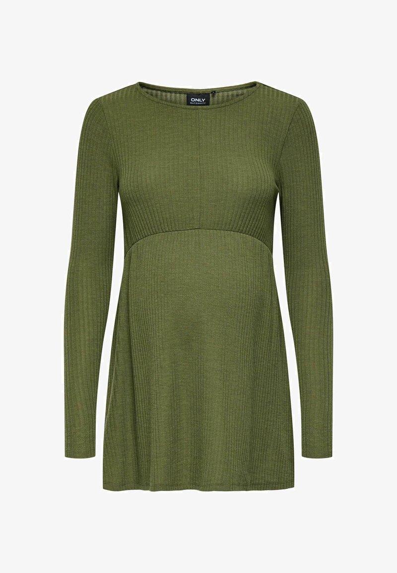 Hosszú ujjú kismama felső textúrás olajzöld anyagból, bordázott kialakítással, kerek nyakkivágással és fitted fazonnal.