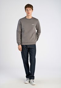 Sudadera gris con escote redondo, jeans de mezclilla azul de corte recto y zapatillas blancas con acentos de color. Modelo de pie contra un fondo claro.
