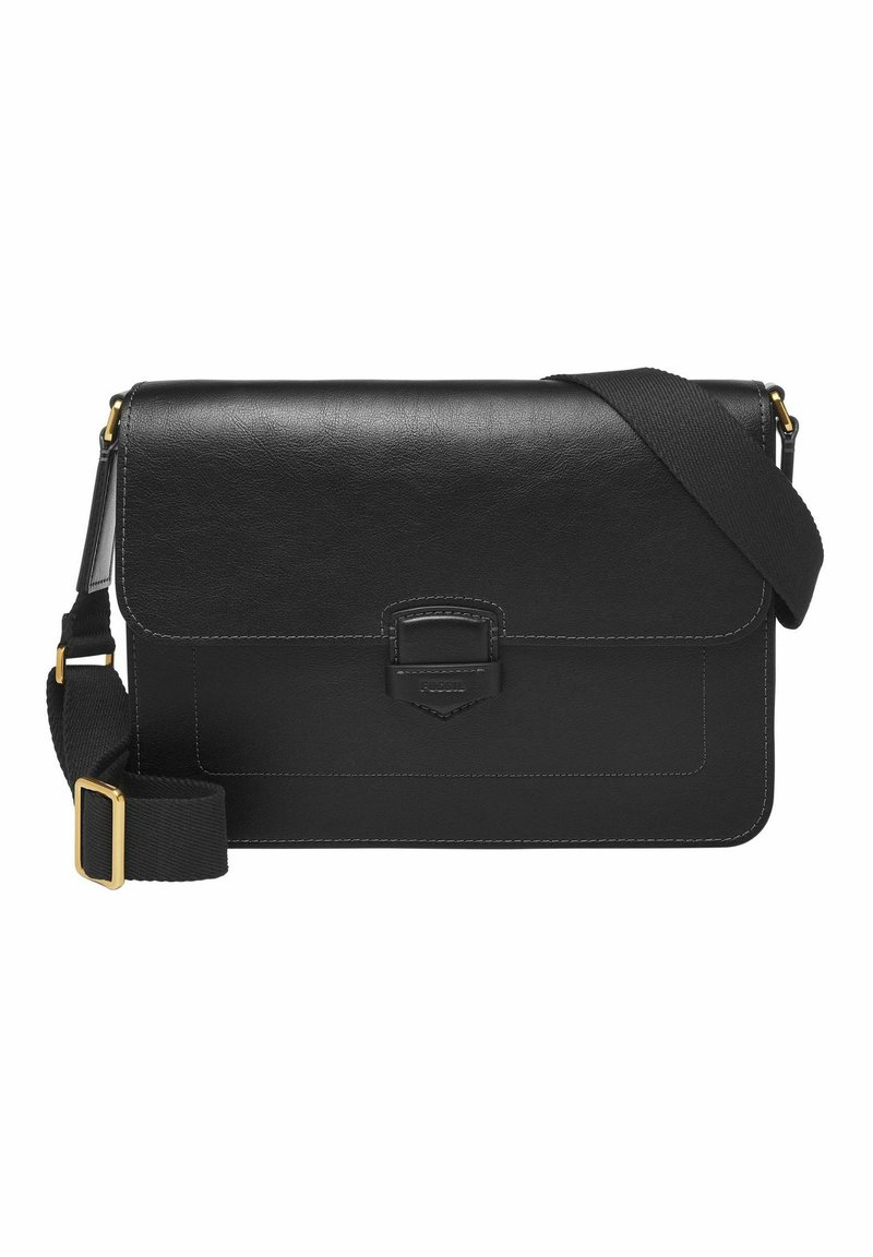 Schwarze Leder-Umhängetasche mit einem Klappenverschluss, verstellbarem Riemen und weißen Nähten. Verfügt über eine Vorderasche und goldene Hardware-Akzente.