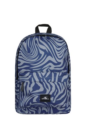 Blue and gray zebra-striped backpack with a front zip pocket and black handle, featuring an O'Neill brand logo patch.