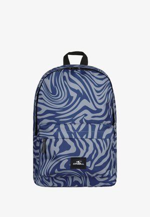 Blauer und grauer zebragestreifter Rucksack mit Frontreißverschlusstasche und schwarzem Griff, mit einem O'Neill Markenlogo-Patch.