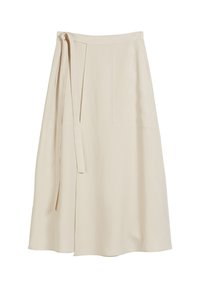 Beige wrap skirt made of lightweight fabric, featuring a tie closure, two side pockets, and a knee-length hem with a slight A-line shape.