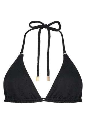 Black bikini top featuring a triangle design, textured fabric, adjustable ties, and gold-tone hardware accents.