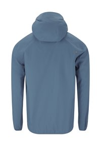 Ljusblå vattentät jacka med huva, med elastiska ärmslut och avslappnad passform. Slät, minimal textur utan synlig hårdvara.