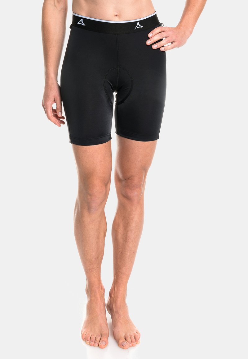 Schwarze Shorts aus dehnbarem Material mit elastischem Bund, ausgestattet mit einer Mittelnäht und engem Schnitt, geeignet für aktive Freizeit.