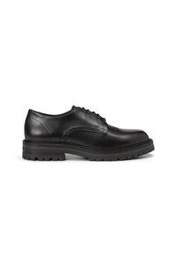 Schwarze Leder Schnürschuhe mit einer glatten Oberfläche, runder Schuhspitze und einer dicke Gummisohle mit strukturiertem Profil.