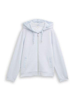 Sweat à capuche bleu clair avec fermeture éclair, capuche à cordon de serrage et deux poches avant, présenté à plat sur un fond blanc.