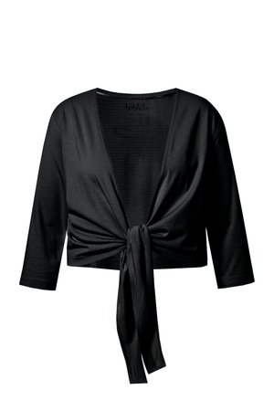 Black cropped cardigan with three-quarter sleeves and open front tied in a knot at the waist.