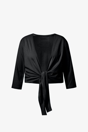 Black cropped cardigan with three-quarter sleeves and open front tied in a knot at the waist.
