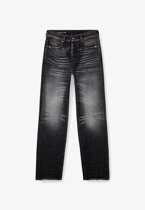 Zwarte spijkerbroek van denim met een recht gesneden ontwerp, vervaagde details aan de voorkant en een rafelige zoom. Bevat klassieke vijf-pocket styling.