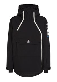 Veste noire à capuche avec des lignes de fermeture éclair blanches, poche avant à rabat et logo O'Neill sur la manche et le rabat de la poche.