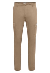 Beige Cargo-Hosen mit schmalem Schnitt, mit Seitentaschen, einem Knopfverschluss und einer glatten, leichten Textur.