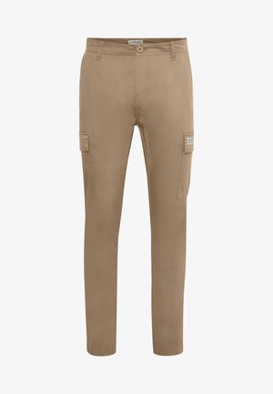 Beige cargo broeken met een slim fit, voorzien van zijzakken, een knoopsluiting aan de voorkant en een zachte, lichte textuur.