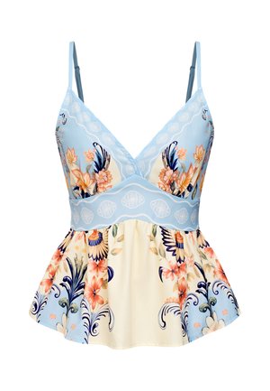 Blusa senza maniche azzurro chiaro e crema con motivi floreali e ornamentali e sottili spalline regolabili.