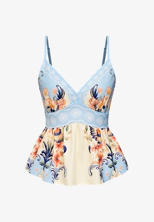 Blusa senza maniche azzurro chiaro e crema con motivi floreali e ornamentali e sottili spalline regolabili.
