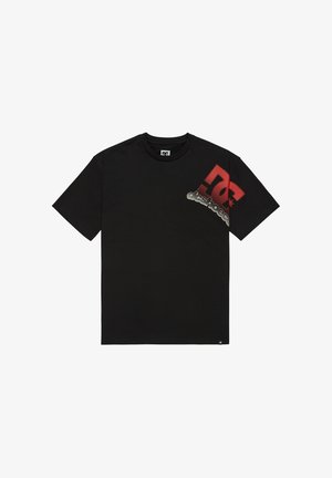 Black cotton t-shirt featuring a red and gray graphic logo on the front left side, with a crew neckline and short sleeves.