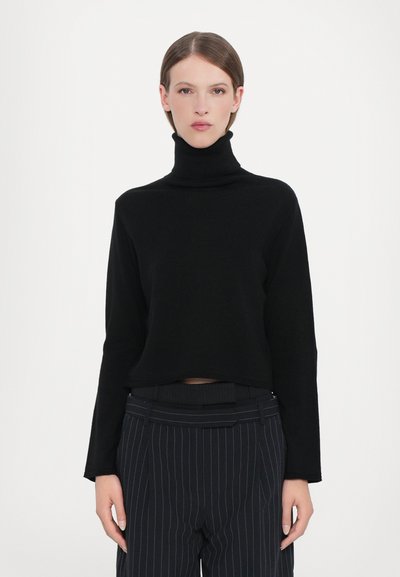 Maglione a collo alto nero con maniche lunghe, texture morbida, orlo cropped, indossato con pantaloni a righe, design minimale.